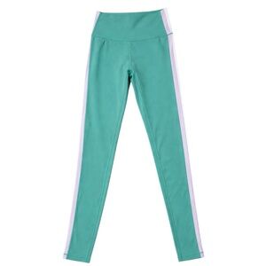 WILO Petite High Waisted Teal Leggings Colorblock Stripe Activewear Gym Yoga